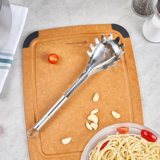 Restaurantware-German Standard 12.5 Inch Slotted Pasta Spoons, 6 Pasta Forks With Ergonomic Handle - Dishwashable, Durable, Stainless Steel Noodle Servers, Ideal For Draining or Serving