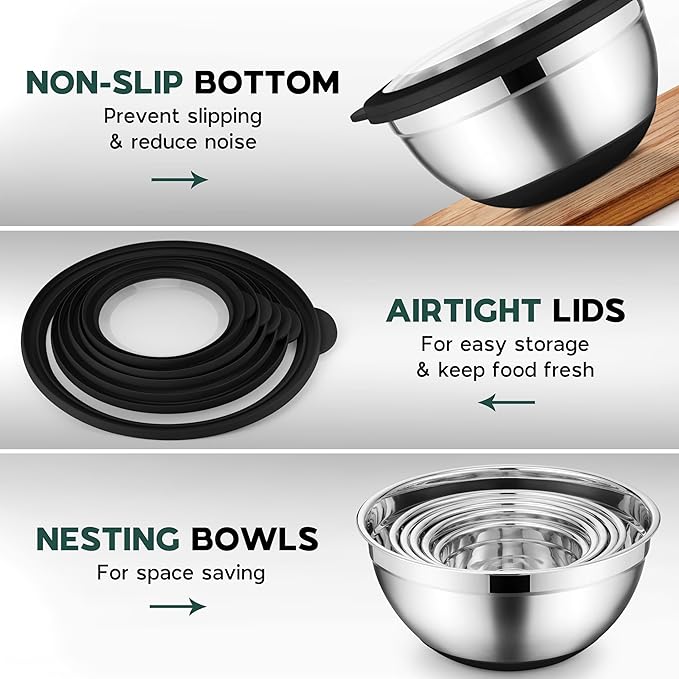 Onader Mixing Bowls with Lids Set of 6 for Kitchen, Stainless Steel Metal Nesting Bowls with Non-Slip Bottom Black - Size 1, 1.5, 2, 2.6, 3.5, 7QT