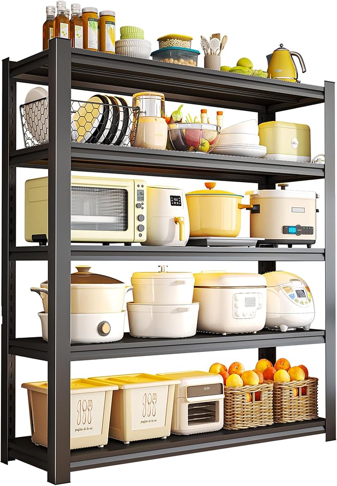 【Five Tier Kitchen Heavy Duty Shelves】 77.95×31.50×13.78 inches Commercial Grade Load Bearing Oil and Rust Resistant Adjustable Tier Height Multi-Functional Storage Shelves