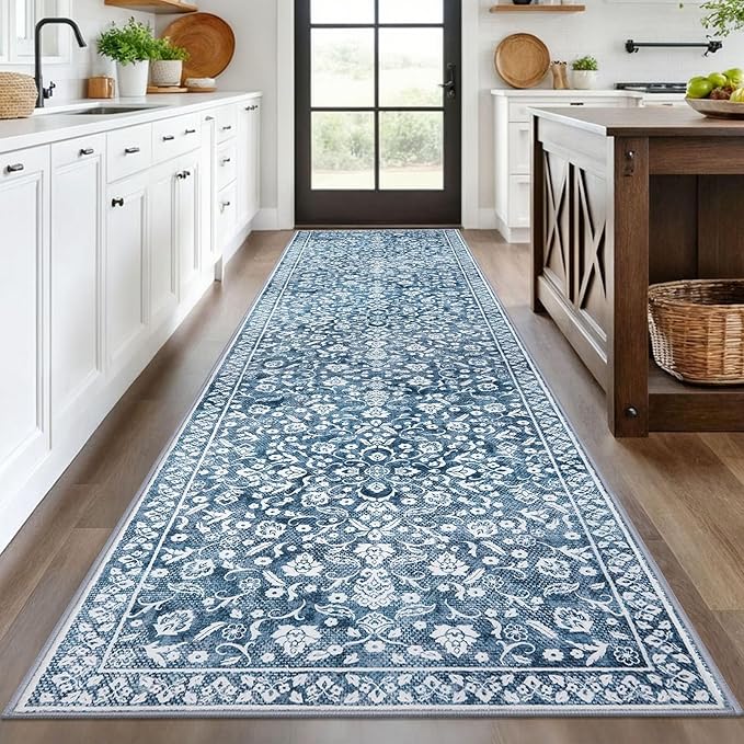 Vintage Runner Rugs for Hallway 3x10, Blue and White Washable Long Hallway Runner Rug Non Slip, Super Soft Kitchen Runner Rug, Print Faux Wool Floral Thin Carpet Hall Runner