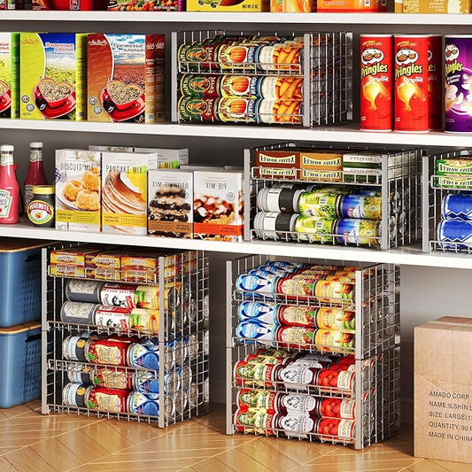 JKsmart 2-Tier Stackable Can Rack Organizer for Pantry, Adjustable Can Dispenser Holds Up to 62 Cans, Can Storage Holder for Various Ounces of Canned Food Soda Drinks, Silver, 2 Pack (Petent Pending)
