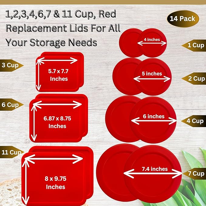 1, 2, 4 & 7 Cup Red Round & 3, 6, 11 Cup Red Rectangle Replacement Lids/Covers for Pyrex, Anchor Hocking & KlareWare Storage Bowls *Lids Only -Glass Container Not Included*, 14 Pack *2 of Each Size*