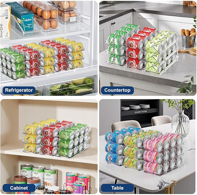 Can Organizer For Pantry,3 Sets 4 Tiers Pantry Organizers And Storage, Pantry Organizer for Fridge 36 Standard and Tall Cans Rack Automatic Rolling Stackable Canned Food Organizer, Clear