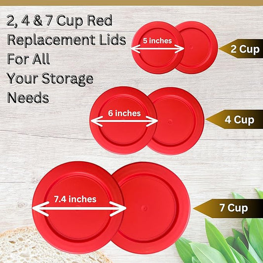2, 4 & 7 Cup Red Replacement Lids/Covers for Pyrex, Anchor Hocking & KlareWare Storage Bowls *Lids Only Glass Container Not Included* (6 Pack *Two of Each Size*)
