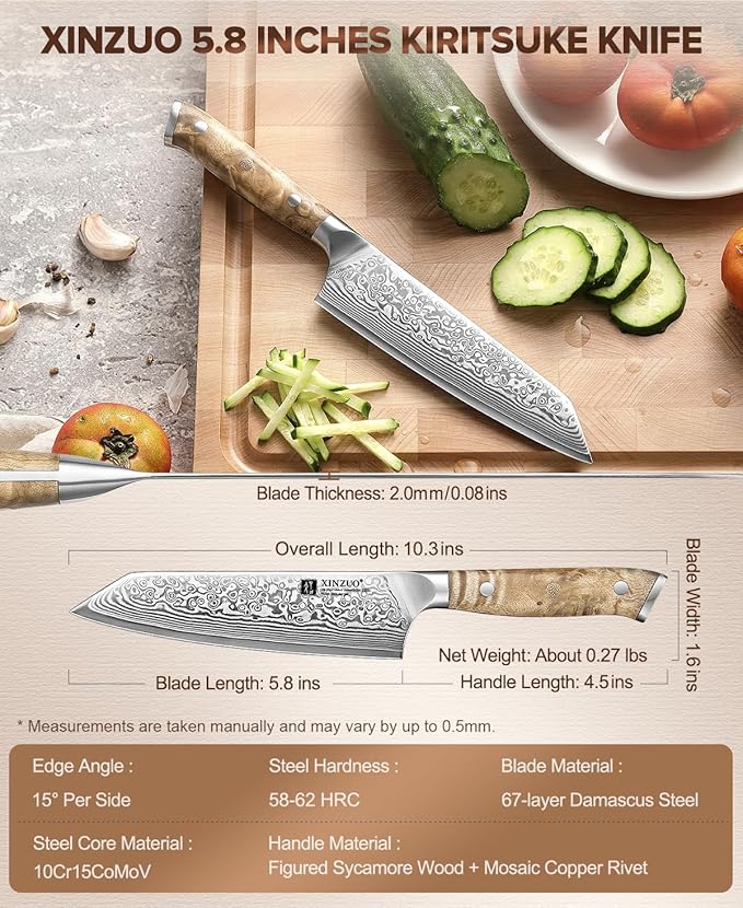 XINZUO Kiritsuke Chef Knife 5.8",Sharp Forged Damascus Stainless Steel Sharp Small Kitchen Knife,For Home & Restaurant,Full Tang Figured Sycamore Wood And Mosaic Copper Rivet Handle