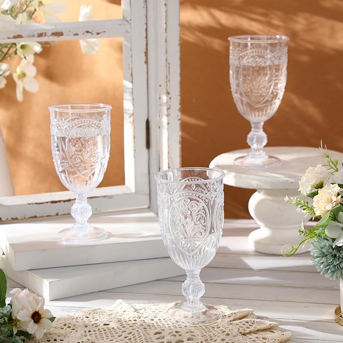 18 Pack Plastic Goblets 10oz Upgrade Vintage Water Goblet Plastic Wine Glasses Colored Retro Embossed Glassware for Party Wine Bar Juice Baby Shower Wedding Reception Grand (Clear)