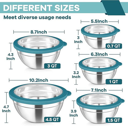 TeamFar Mixing Bowls Set, 4.5/3/1.5/1/0.7 QT Stainless Steel Nesting Salad Bowls with Visible Lids, For Serving Mixing, Non-Toxic & Heavy Duty, Airtight & Easy Clean, Dark Blue, Set of 5