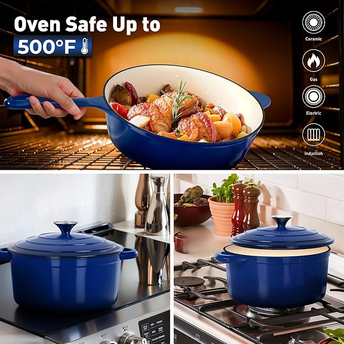 DishDelight Enameled Cast Iron Cookware Set, 7 Piece Set of Dutch Ovens, Sauce Pan, Skillet, 3 Lids, Ceramic Coated Cast Iron Dutch Oven Set, Round Dutch Oven Pot for Sourdough Bread Baking๏ผBlue