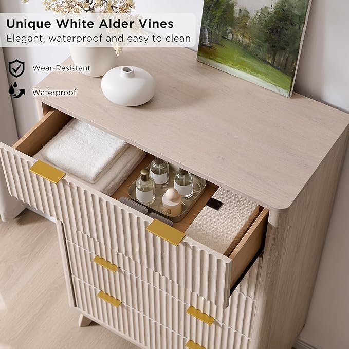 T4TREAM Fluted 5 Drawers Dresser, 48" Tall Modern Chest of Drawers, Curved Profile Design, Wood Drawer Organizer for Bedroom, Living Room, Hallway, Entryway, White Alder