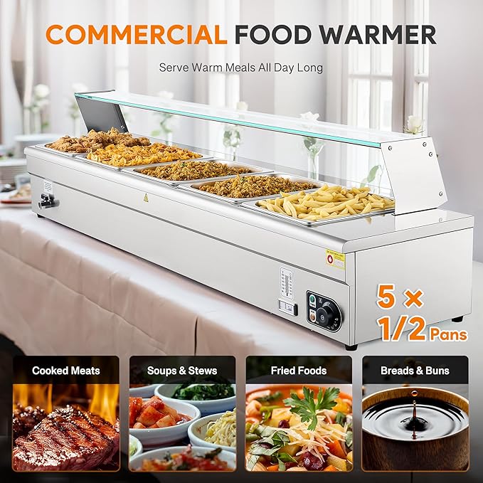 WILPREP Commercial Food Warmer with Five 1/2 Pans, Electric Warmer for Food with Sneeze Guards Adjustable Temp. & Auto Shutoff, Stainless Steel Food Heating Unit for Buffet Food Truck Hotel Catering