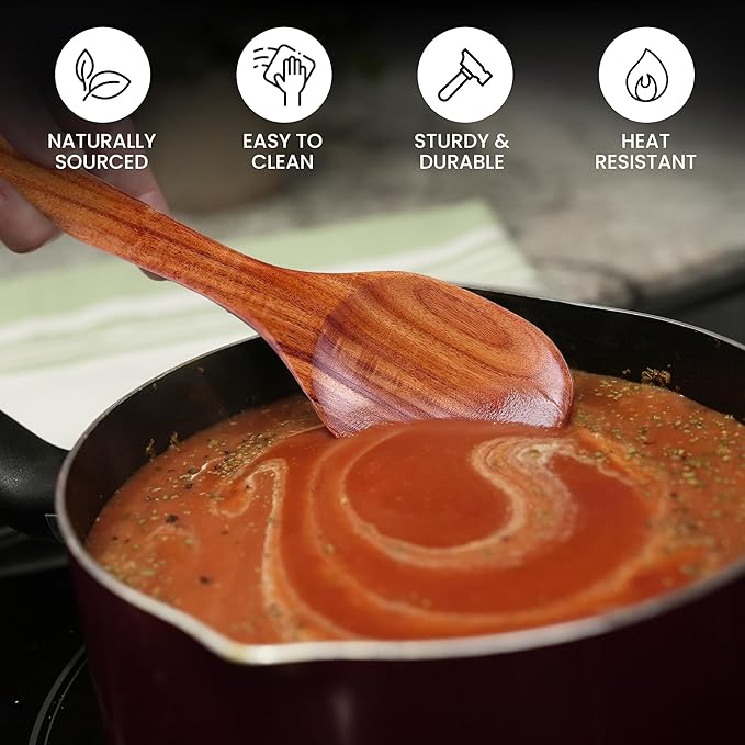 Zulay Kitchen Premium Large Teak Wooden Spoon For Cooking - Durable Wooden Cooking Utensil, Perfect Wooden Kitchen Utensil Set Addition, Smooth Finish Natural Teak Spoon, Non-Stick Wooden Spoon
