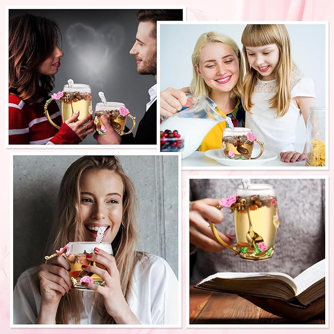 Nuanchu 4 Sets Flower Glass Tea Cups with Lids and Spoon Butterfly Vintage Glass Coffee Mugs Floral Fancy Clear Teacup for Christmas Women Mom Wife Girlfriend(Pink,11 Oz,12 oz)