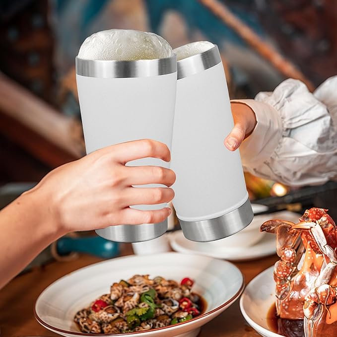 16 oz Beer Tumber Insulated Set of 4, Pint Glass Stainless Steel Double Walled, Stackable Cold Drinking Cup Mug Stein, White, Ideal for Beer Lover, Coffee, Outdoor