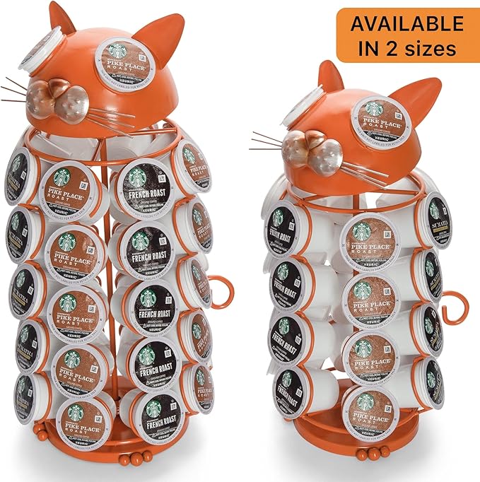 Made Easy Kit Carousel Coffee Pod Holder, Compatible with Keurig K-Pods K-Cups, Countertop Rack Storage Organizer, Metal Home and Kitchen Decor, Capsule Café Station Bar (Small, Orange Cat)