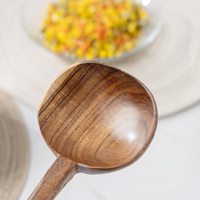 FJNATINH Wooden Soup Ladle Set, Kitchen Spoon Set Utensils, 4 Pcs Handmade Natural Teak Cooking Spoons, Long Handle Wooden Soup Ladle Spoon