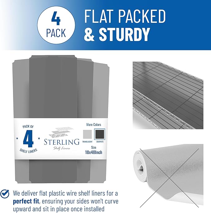 Sterling Shelf Liners Wire Rack Covers: Plastic Shelf Liner Cover for Wire Shelving: Cover Mats for Shelves in Pantry, Closet, and More: 18x48 Inch: Graphite, Set of 4