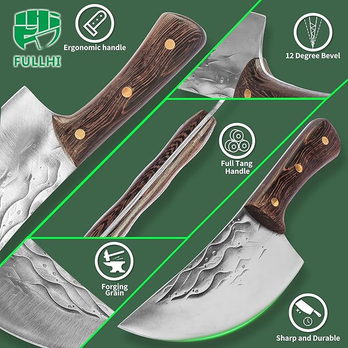 FULLHI Butcher Knife Set with Kitchen Shears, Hand Forged Chef Boning Knife With Scissors High Carbon Steel Carving Fish Chef Knife For Kitchen, Camping, BBQ
