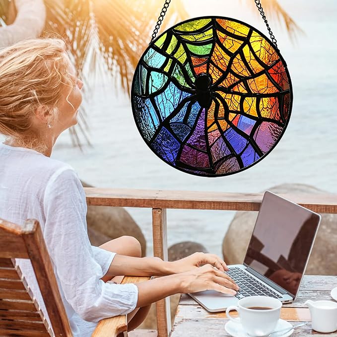 Stained Glass Suncatcher, Colorful Spider Sun Catcher Black Insect Stain Glass Window Hanging Decoration Mother's Day Birthday Gifts for Women Men Mom Nana 6.3 in