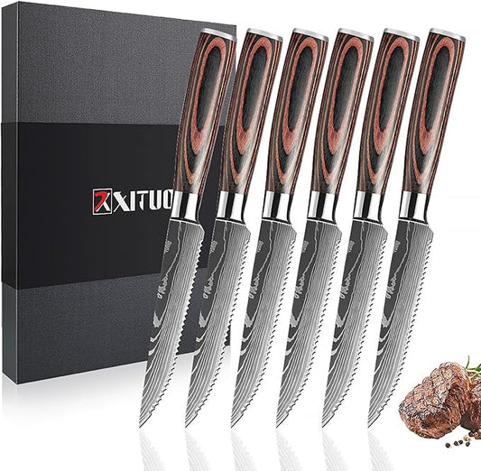 Serrated Steak Knife Set - 6pcs Premium 4.5 inch Kitchen Cutting Steak Knives, German Stainless Steel Knife Professional Table Dinner Knife with Pakkawood Handle for Home Restaurant