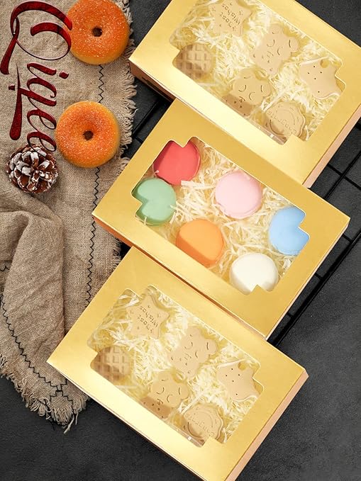 qiqee Cookie Boxes for Gift Giving 8x5.3x2 inch 24Packs Gold Treat Box with Window Bakery Box for Donuts Candies and Biscuit