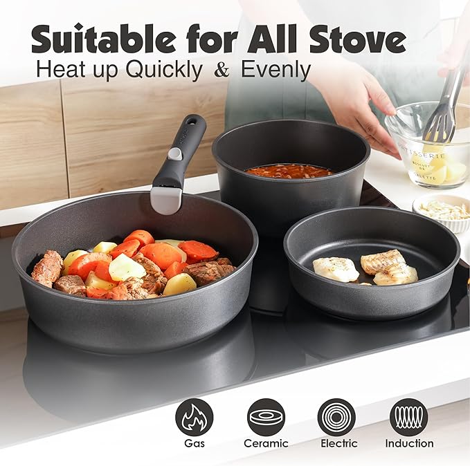 SENSARTE 24 Piece Pots and Pans Set, Nonstick Detachable Handle Cookware, Induction Kitchen Cookware Set with Removable Handle, Healthy Non Stick for RV, Dishwasher&Oven Safe (Black)