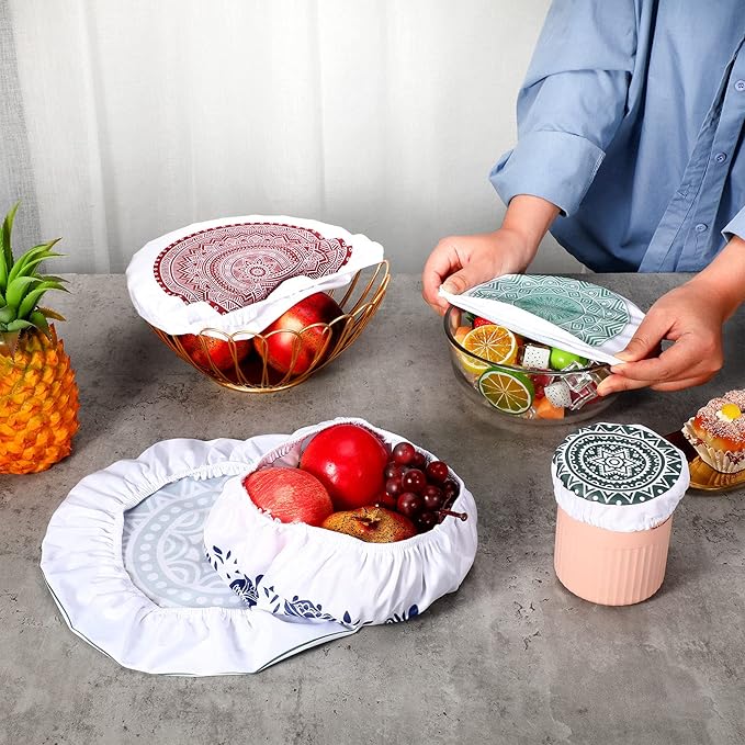 Patelai 10 Pcs Bowl Covers Reusable in 5 Size Stretch Cloth Fabric Elastic Food Storage Bowl Covers Bread Sourdough Lids for Proofing Food Fruits Leftover(Rustic Style)