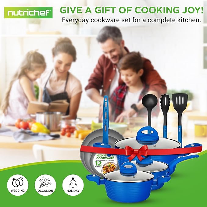NutriChef 12-Pc Blue Nonstick Cookware Set - Professional Pots & Pans with Durable Coating, All Cooktops Compatible, Including Induction