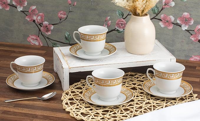 Porcelain Tea Set 8 Piece - White with Gold Greek Key Design - 5.5 Inch Saucers, 6.5 oz Cups - Perfect for Parties, Cappuccino, Black Tea, Vintage Home Decor (Meander Gold 3008, 8 Piece)