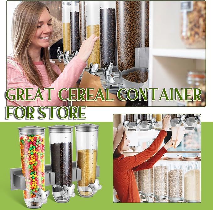 Umigy 1 Pcs Candy Dispenser Wall Mounted, Triple Dry Cereal Grain Dispenser Machine Wall Mount, Food Storage Container for Pantry Snack with 3 Cup for Kitchen, 39 oz (Gray)
