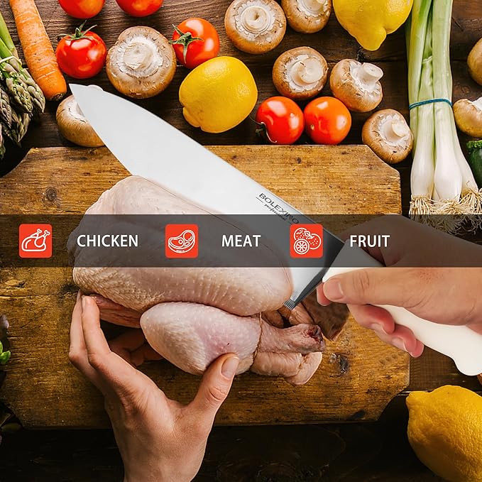 Chef Knife,10 inch High Carbon Stainless Steel Kitchen Knife, Sharp Cutting Knife W/Ergonomic Handle for Household or Business (White)