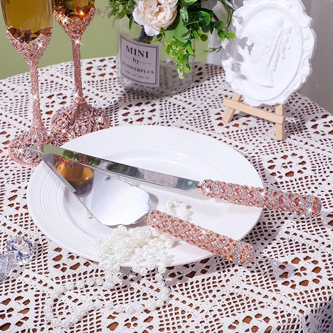 4-Piece Wedding Cake Knife and Champagne Flutes Set, Crystal Rhinestone Glasses and Cake Cutting Server for Bride and Groom Wedding Reception or Anniversary (Gold, Elegant Design) (Rose Gold)