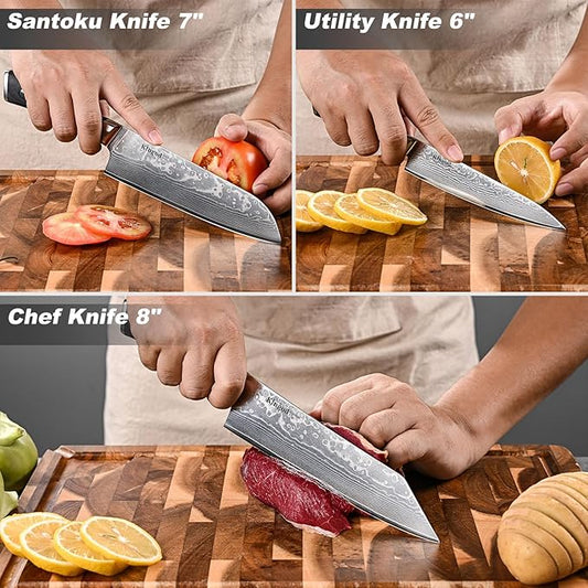 KINGOD 3 PCS Damascus Kitchen Knife Set, Japanese Steel VG10 Core High Carbon Professional Ultra-Sharp Chef Knife Set with Rosewood Handle Gift Box