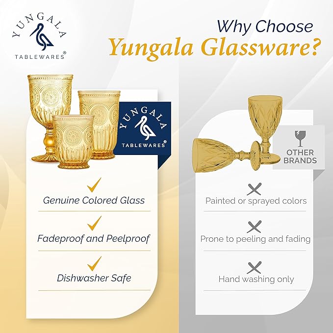 Yungala Amber Wine Glasses, set of 6 Glass Goblets made with Amber Glass (not coated or sprayed). Genuine Handcrafted Colored Glassware for your Fall Tablescape.