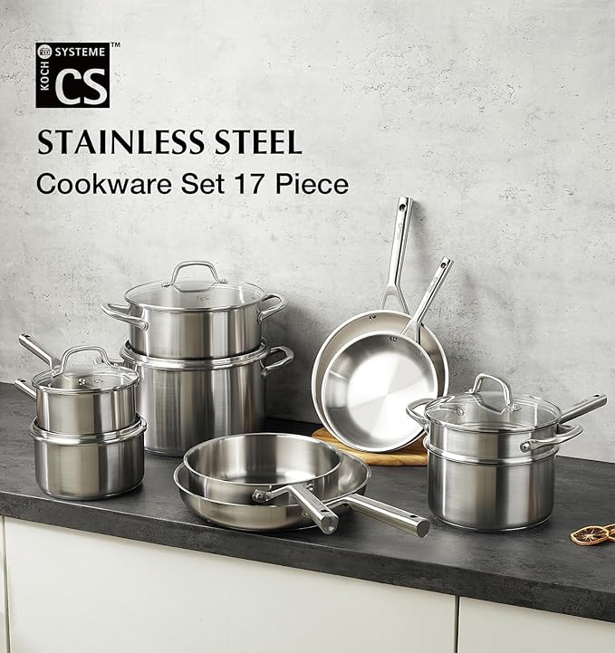 KOCH SYSTEME CS Stainless Steel Cookware Set 17 Piece, Professional 18/10 Stianless Steel Pots and Pans Set, 5-Layer Base, Oven & Induction Safe, Non-Toxic Kitchen Cookware Set for Family Cooking