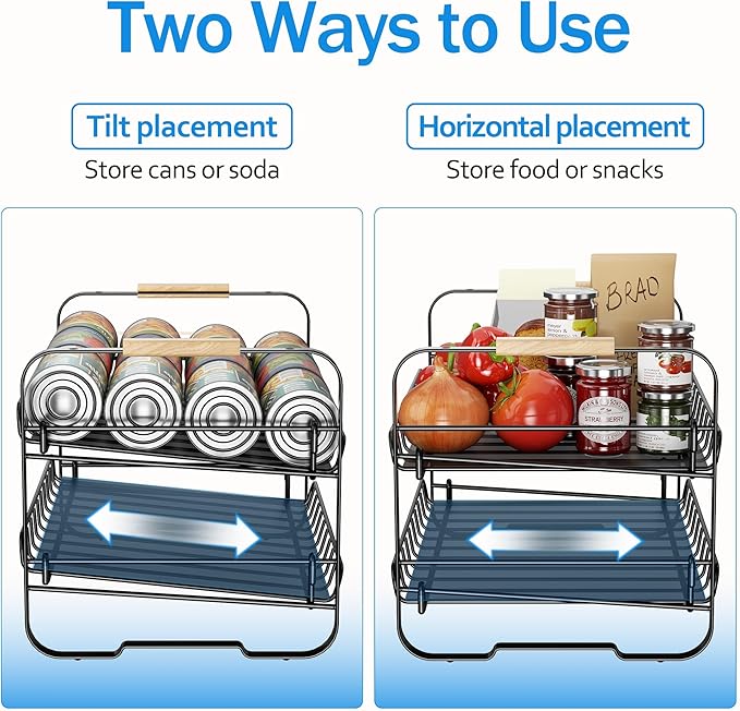 MAXIFFE 2-Tier Can Organizer for Pantry, 16.9"W × 11.5"D × 16.7"H, Stackable Metal Adjustable Hold 40 Cans Rack Storage Holder Dispenser for Soda Drinks Fruits, for Kitchen Countertop, 2 Pack Black