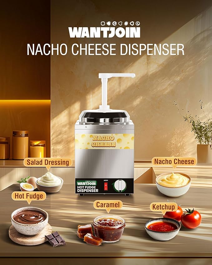 WantJoin Nacho Cheese Dispenser with Pump - 2.2Qt Nacho Cheese Warmer, Commercial Hot Fudge Dispenser W/5-Level Temperature Adjustment for Stainless Steel Hot Fudge Warmer, Cheese Caramel