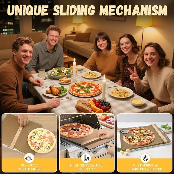 Sliding Pizza Peel, large Pizza Peel Metal Sliding Tray 16” X 13” Making 10-14 Inch, 304 Stainless Steel Metal Premium Pizza Board with Solid Wood Handle, and Pizza Cutter Wheel