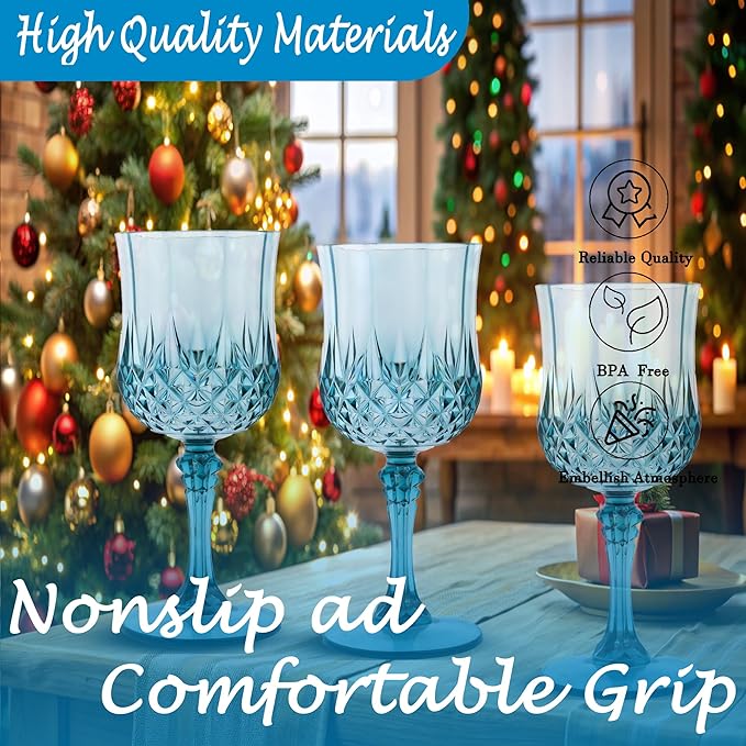 Plastic Wine Glasses,Plastic Goblets Vintage Style Cordial Drinking Glasses for Wedding Reception, Grand Event Party Supplies (24, Dusty Blue)
