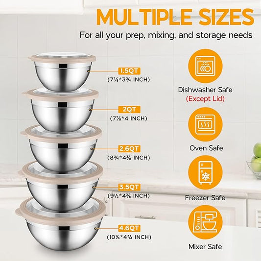 Onader Mixing Bowl Set of 5 for Kitchen, Stainless Steel Metal Nesting Mixing Bowls with Khaki Lids – Size 1.5, 2, 2.6, 3.5, 4.6QT