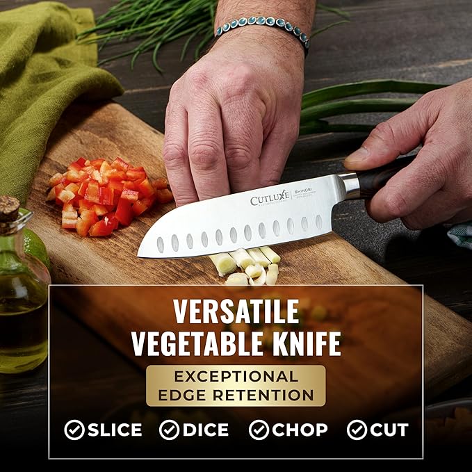 Cutluxe Santoku Knife – Ultra Sharp 5 Inch Vegetable Japanese Knife for Chopping, High Carbon Stainless Steel Blade, Full Tang Pakkawood Handle – Shinobi Series