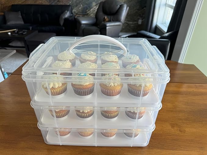 Sherfire 3-tier Cupcake Carrier with Lid and Handle - Clear Plastic, Holds Up to 36 Cupcakes/Muffins or 3 Cakes - Complete with Food Spatula