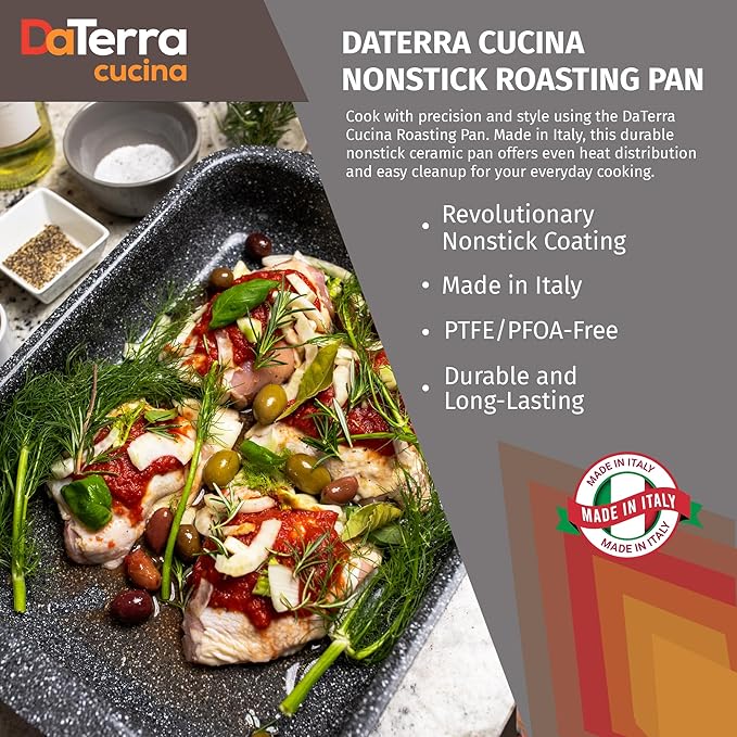 DaTerra Cucina Nonstick Roasting & Lasagna Pan – 16"x12"x3", Ceramic-Coated, Oven & Stovetop Safe to 600°F, Sturdy Base, PTFE, PFOA & Lead-Free, Durable & Stylish Deep Roasting Tray - Made in Italy