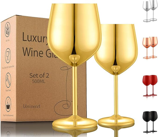 Stainless Steel Wine Glasses Set of 2, 18 oz Unbreakable Gold Wine Glass Unique Metal Wine Goblets for Outdoor Capming and Pool Gift for Wine Lovers