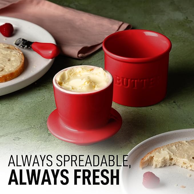 Zulay Kitchen Porcelain Butter Crock With Lid & Knife - Authentic French Butter Dish For Fresh & Spreadable Butter - Red