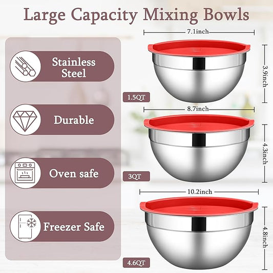 LIANYU Stainless Steel Mixing Bowls with Leak-Proof Lids, 3 Pieces Stainless Steel Deep Nesting Mixing Bowls for Kitchen Cooking, Storage, Baking, 1.5QT & 3QT & 4.6QT, Red