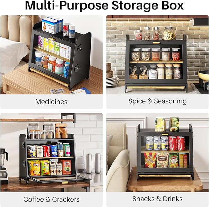 SNTD Bread Box, Wooden Bread Storage Container for Kitchen Countertop with Bamboo Cutting Board, Black (L)