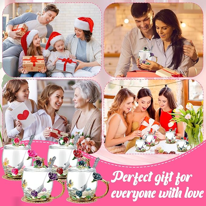 Nuanchu 4 Sets Flower Glass Tea Cups with Lids and Spoon Butterfly Vintage Glass Coffee Mugs Floral Fancy Clear Teacup for Christmas Women Mom Wife Girlfriend(Pink, Purple, Blue, Red,11 oz)