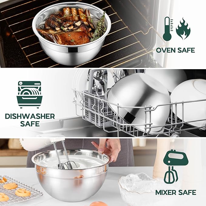 Onader Stainless Steel Mixing Bowls with Black Lids, Metal Nesting Mixing Bowl Set of 5 - Size 1.5, 2, 2.6, 3.5, 4.6QT