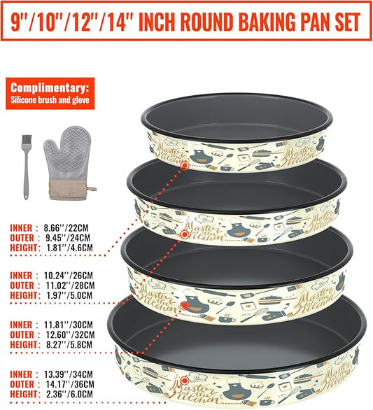 Enamel Round Baking Pans Set Roasting Dish 4-Pack 9/10/12/14 Inch Non Stick Large Cookware for Cake Bread Pie Pizza Turkey Steak, Non-Toxic Carbon Steel Oven Dishwasher Safe Thanksgiving Bakeware