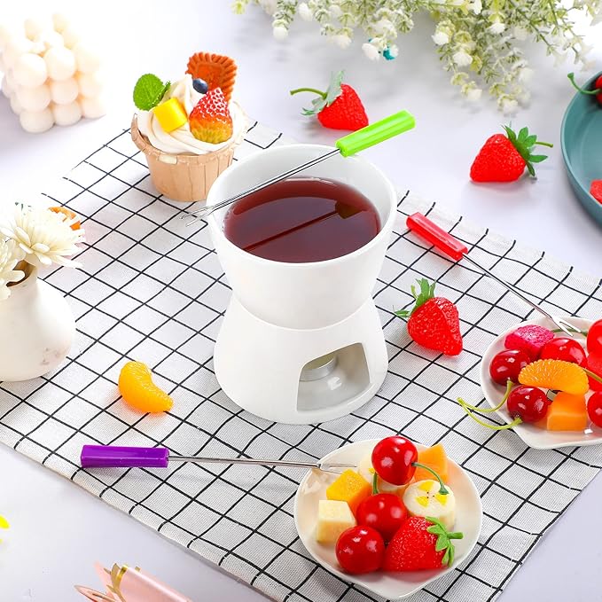 Nuogo 4 Pcs Fondue Pot Set Mini Melting Bowl Set with 16 Pcs Mini Forks for Cheese, Chocolate, Tapas, Butter and Caramel(White)